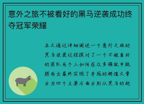 意外之旅不被看好的黑马逆袭成功终夺冠军荣耀 意外之旅不被看好的黑马逆袭成功终夺冠军荣耀